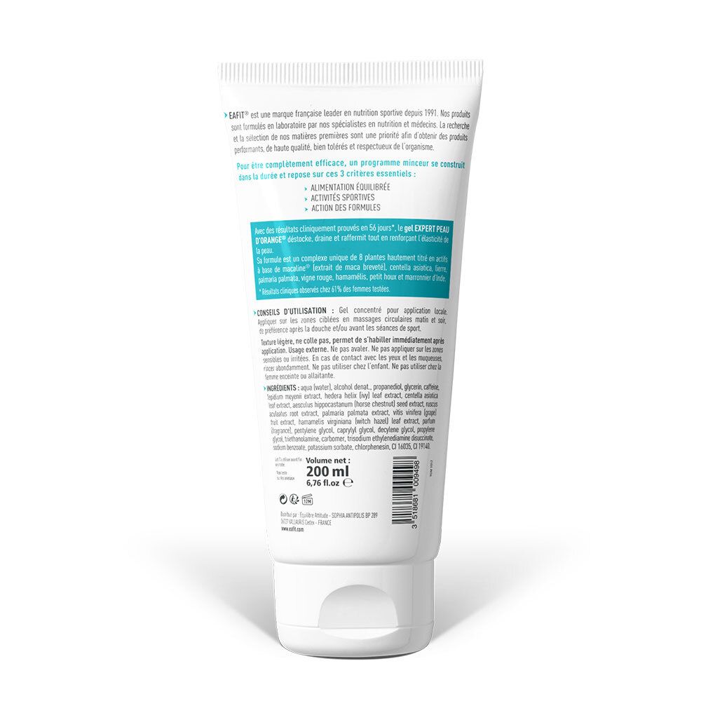 Dos d'un tube blanc. Texte en plusieurs langues. Inscription: EA Fit. Volume: 200 ml.