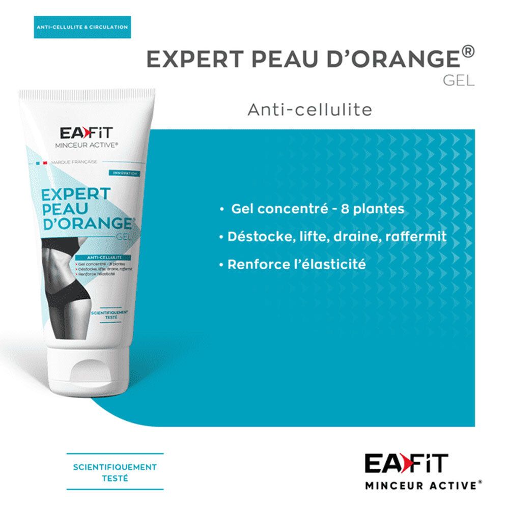 Produit sur fond bleu. Inscription: Expert Peau d'Orange Gel. Logo EA Fit. Texte: Anti-Cellulite.
