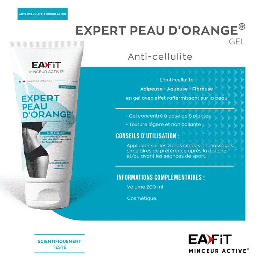 Produit sur fond bleu. Inscription: Expert Peau d'Orange Gel. Logo EA Fit. Texte: Anti-Cellulite.