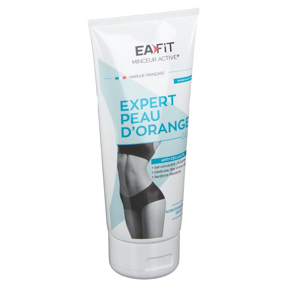 Tube blanc avec texte bleu et noir. Inscription: EA Fit, Expert Peau d'Orange Gel. Illustration d'une femme.