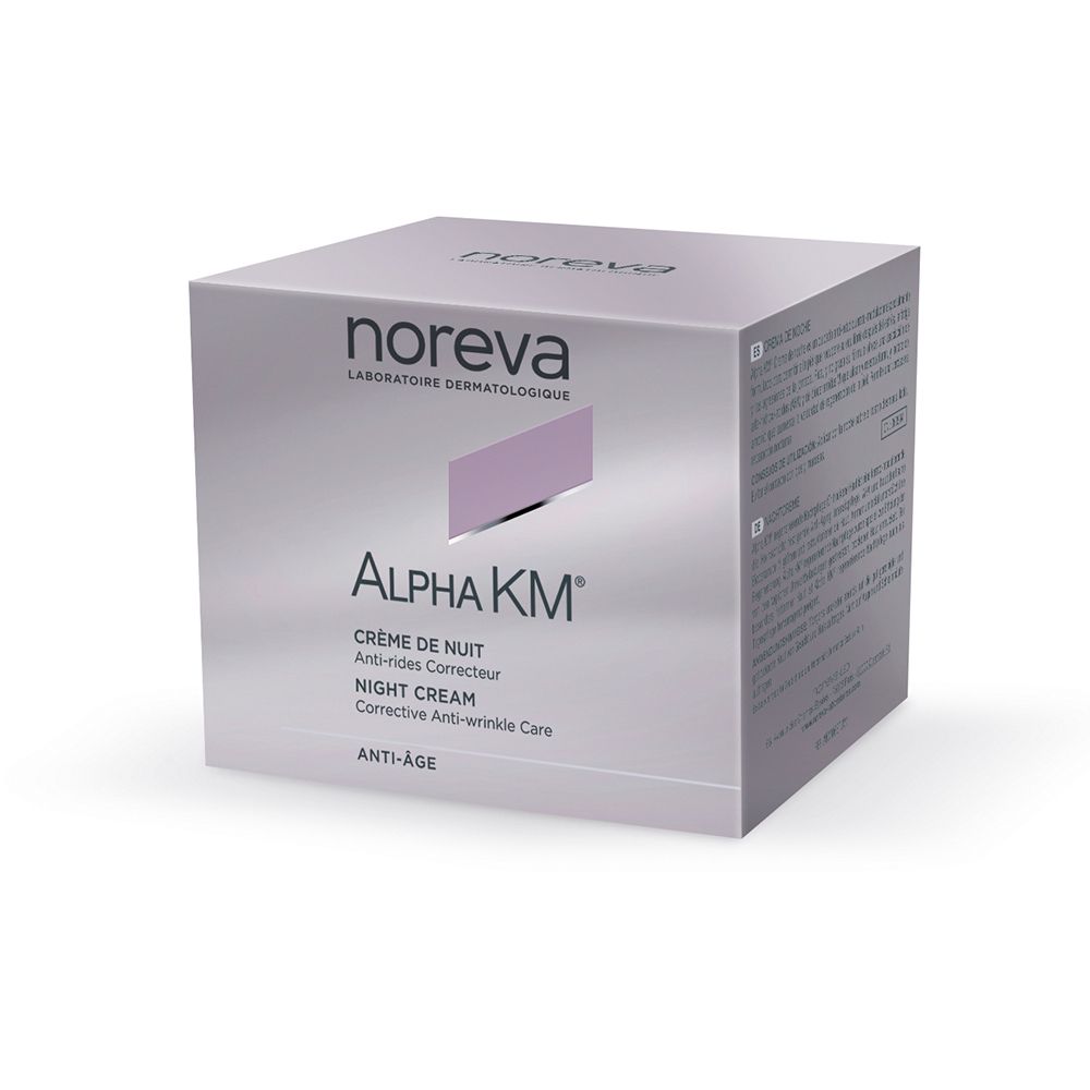 Boîte argentée avec pot de crème. Inscription : Alpha KM, Crème de Nuit, Night Cream. Marque : Noreva.
