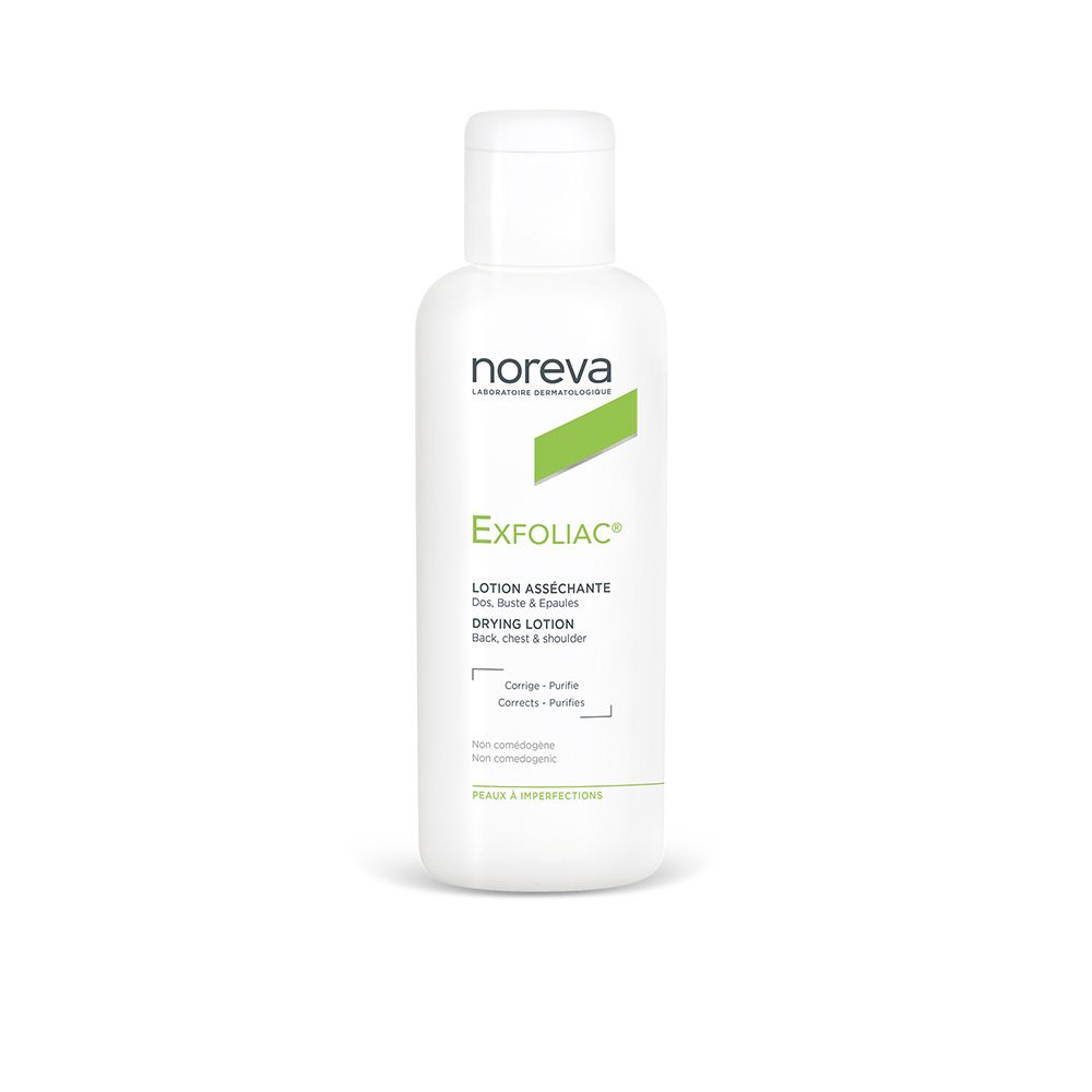 Flacon blanc avec étiquette verte. Inscription: noreva, Exfoliac, Lotion asséchante, Drying Lotion.