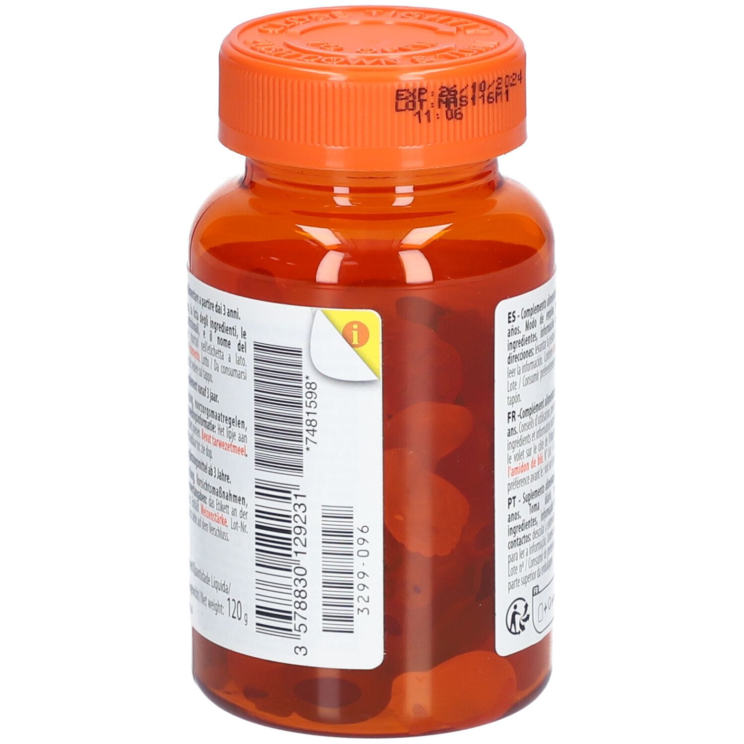 Dos d'un flacon orange. Étiquette avec informations produit, code-barres et date de péremption. Contenu partiellement visible.