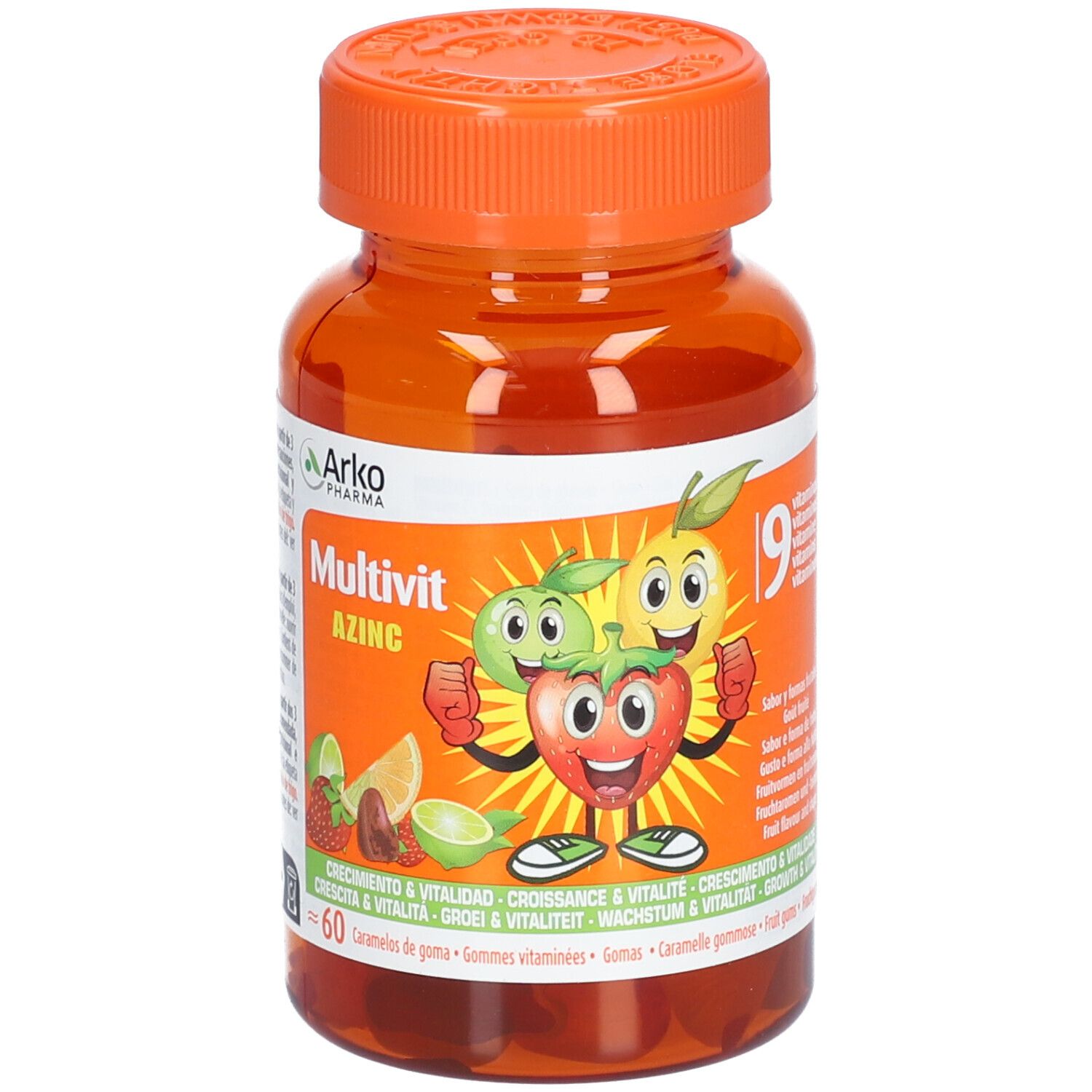 Flacon orange avec "Arko Pharma Multivit Azinc". Étiquette avec illustrations de fruits et texte. Contient 60 gommes.