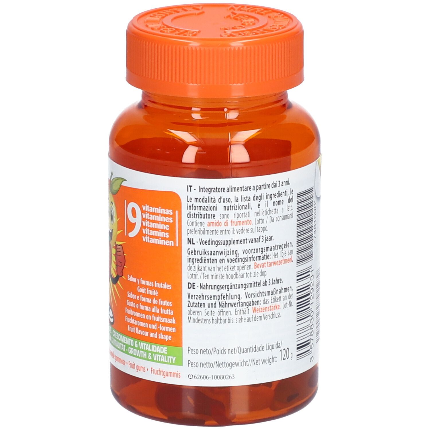 Dos d'un flacon orange. Étiquette avec informations produit et informations nutritionnelles. 9 vitamines.