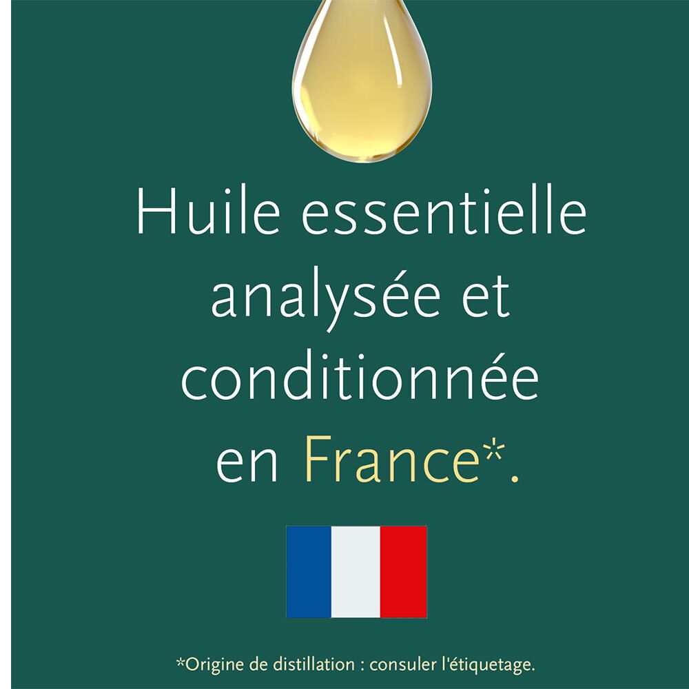 Text: Huile essentielle analysée et conditionnée en France. Französische Flagge.
