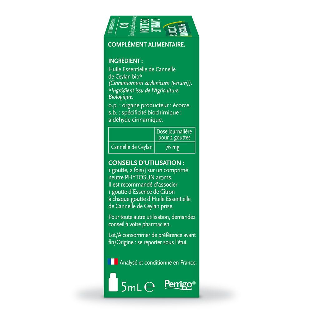 Côté de la boîte avec ingrédients et dosage. Texte en français.