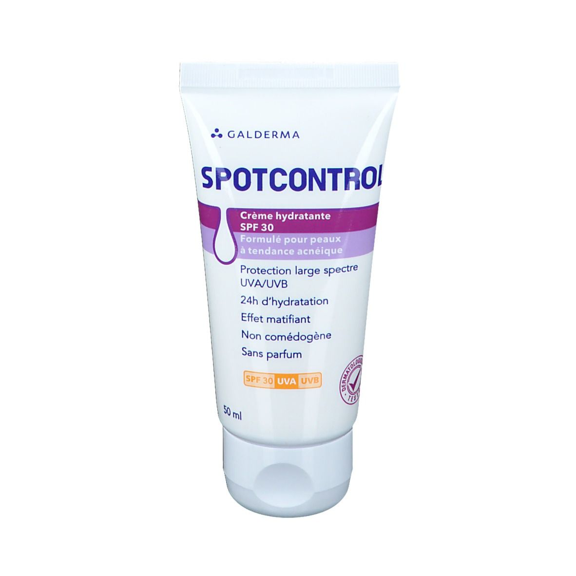 Tube blanc avec accents violets. Inscription : Spotcontrol, Crème hydratante SPF 30. Logo Galderma. 50 ml.