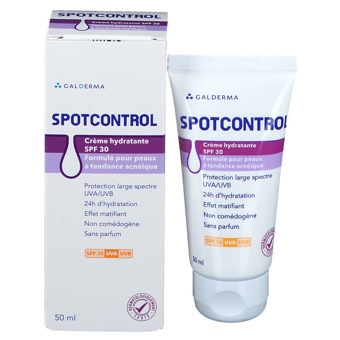Emballage du produit avec tube et boîte. Inscription : Spotcontrol, Crème hydratante SPF 30. Logo Galderma. 50 ml.