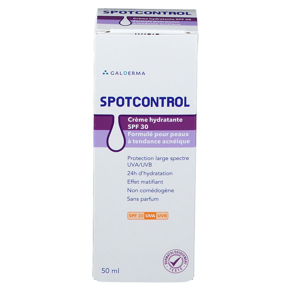 Emballage en carton. Inscription : Spotcontrol, Crème hydratante SPF 30. Logo Galderma. 50 ml. Testé dermatologiquement.