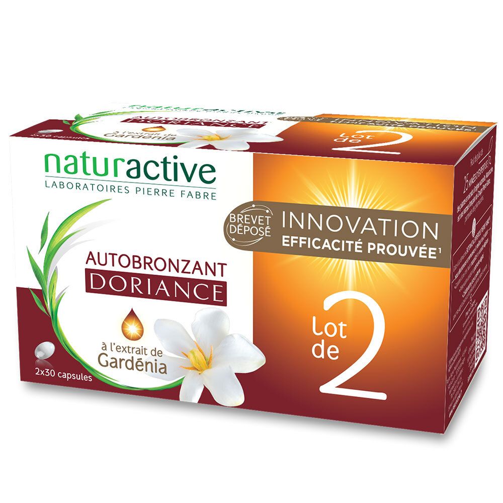 Boîte de Naturactive DORIANCE Autobronzant Gardenia. Contient 2x30 capsules. Inscriptions : marque, nom du produit, extrait de gardénia.