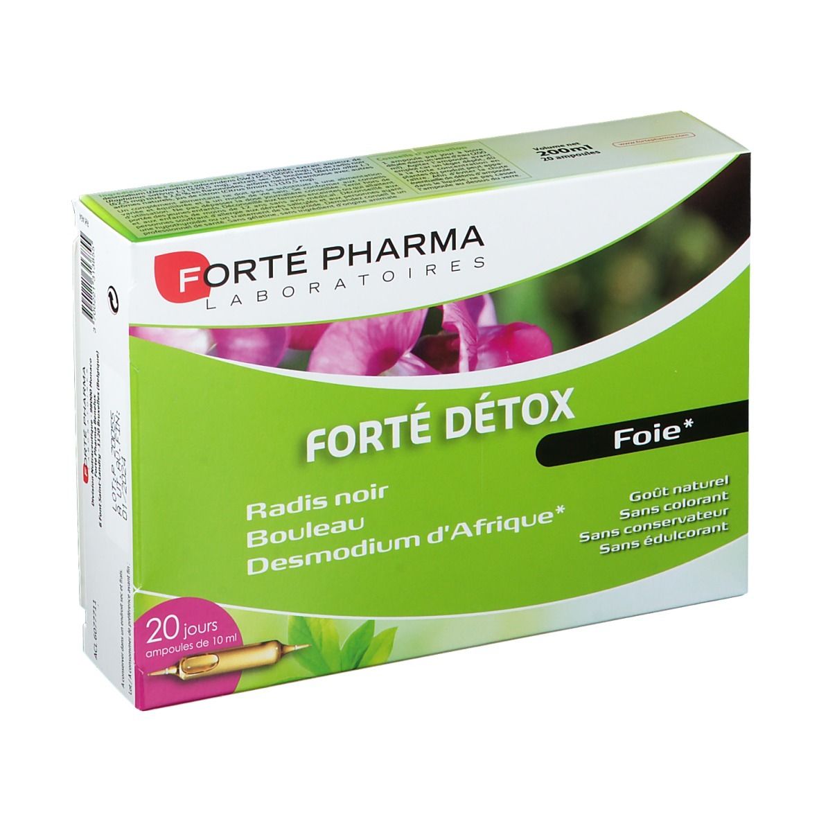 Boîte Forté Pharma Forté Detox Foie. 20 ampoules. Design vert et blanc avec nom du produit et ingrédients.