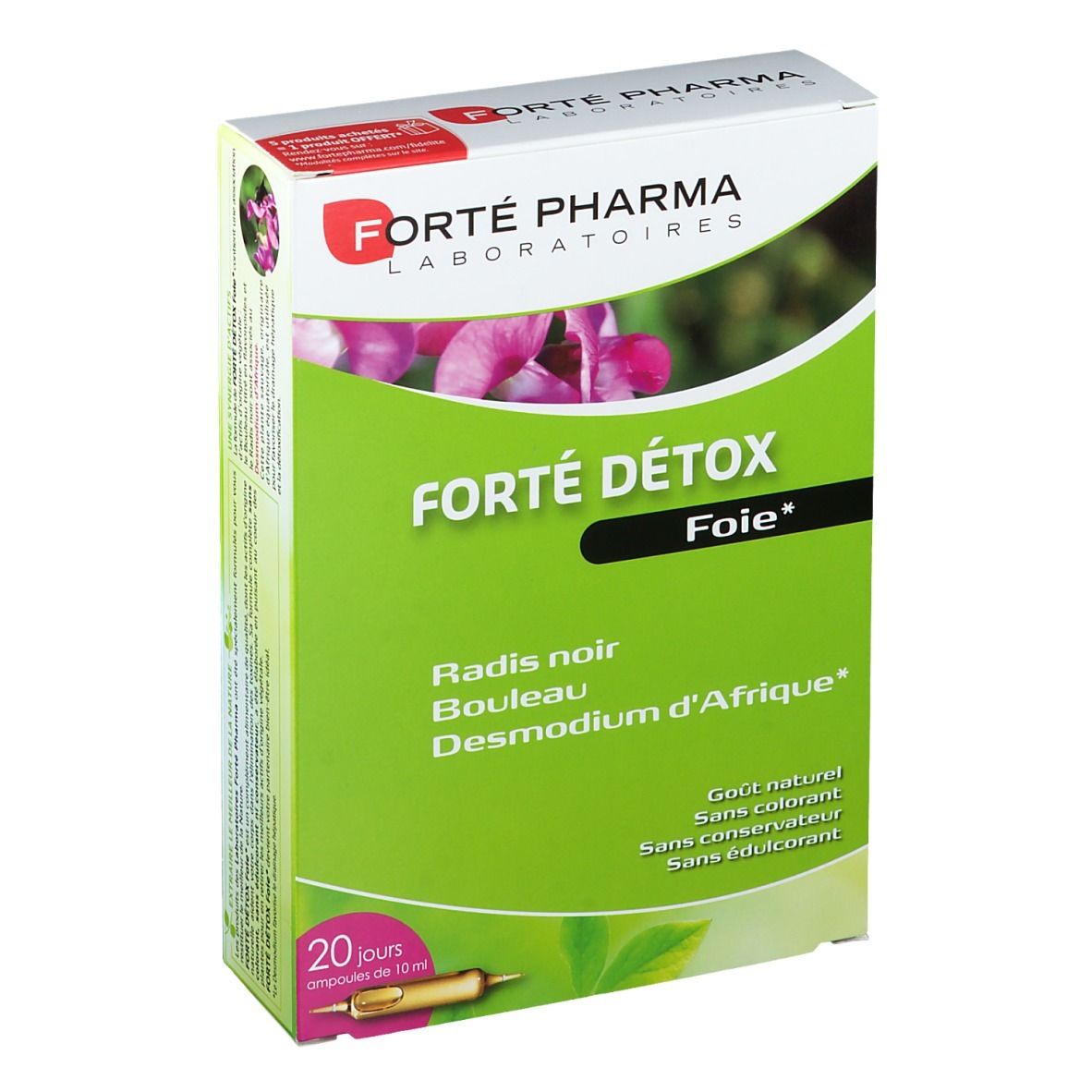 Boîte Forté Pharma Forté Detox Foie. 20 ampoules. Design vert et blanc avec nom du produit et ingrédients.
