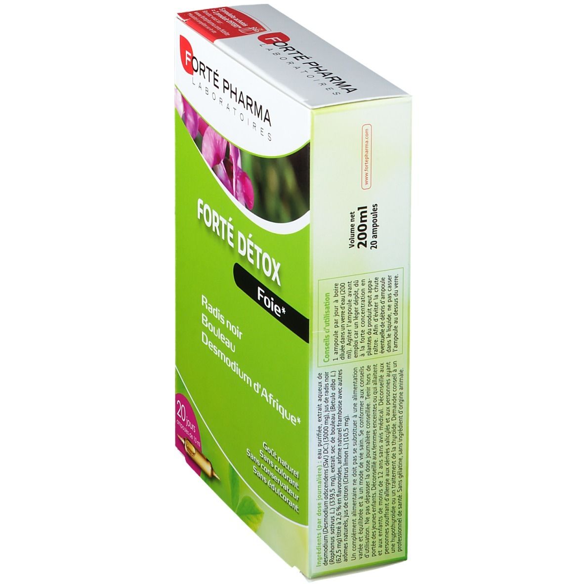 Boîte Forté Pharma Forté Detox Foie. 20 ampoules. Design vert et blanc avec nom du produit et ingrédients. Vue latérale.