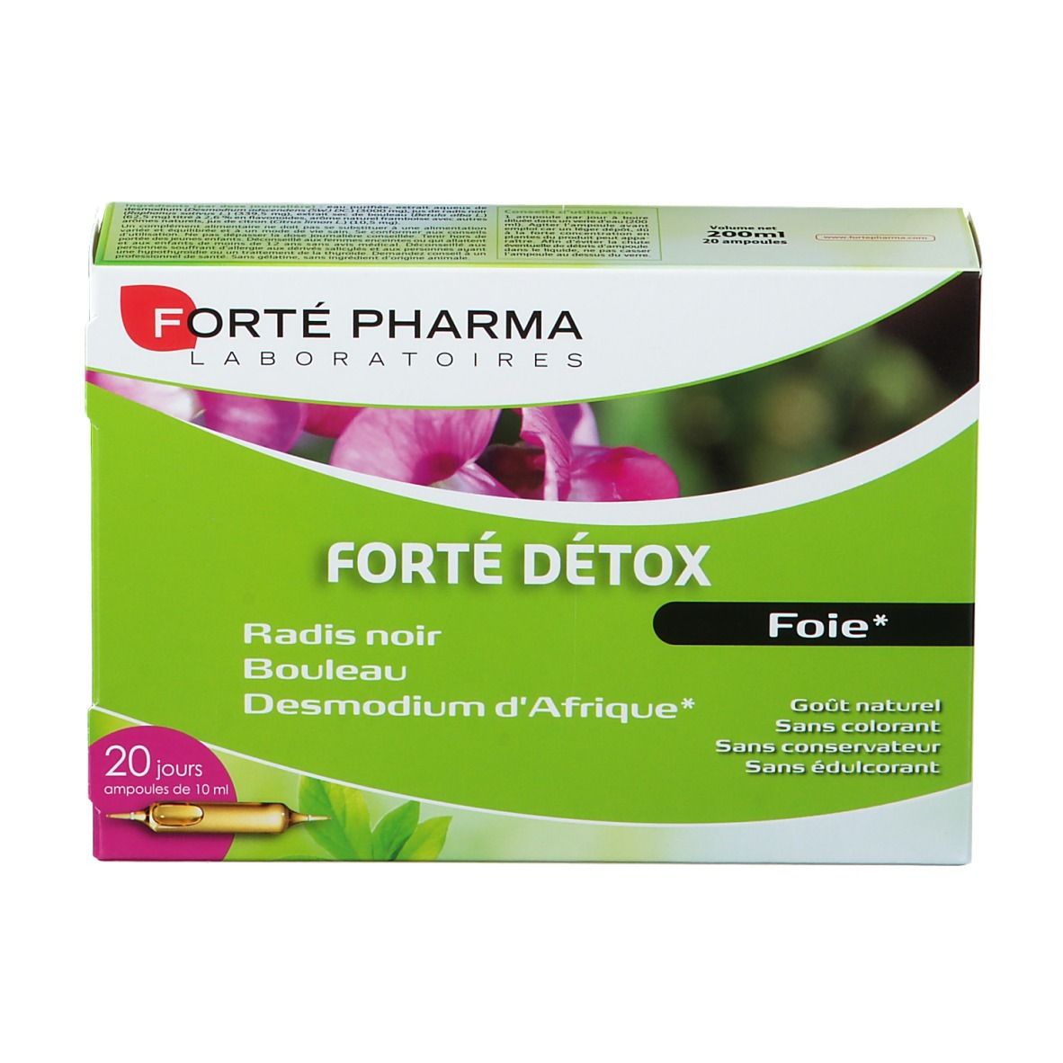 Boîte Forté Pharma Forté Detox Foie. 20 ampoules. Design vert et blanc avec nom du produit et ingrédients.