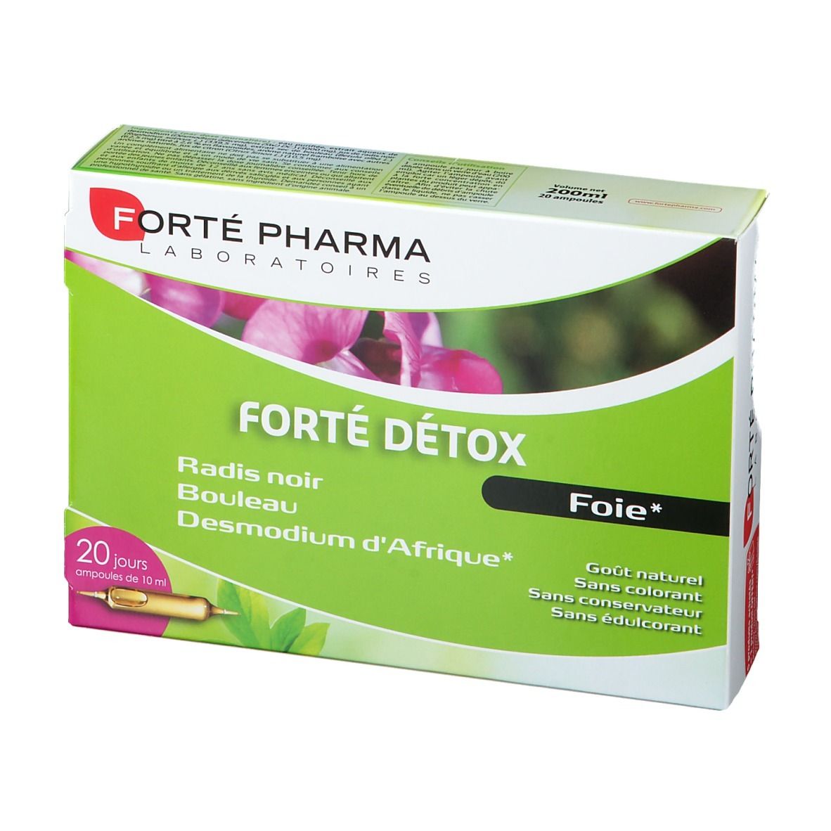 Boîte Forté Pharma Forté Detox Foie. 20 ampoules. Design vert et blanc avec nom du produit et ingrédients.