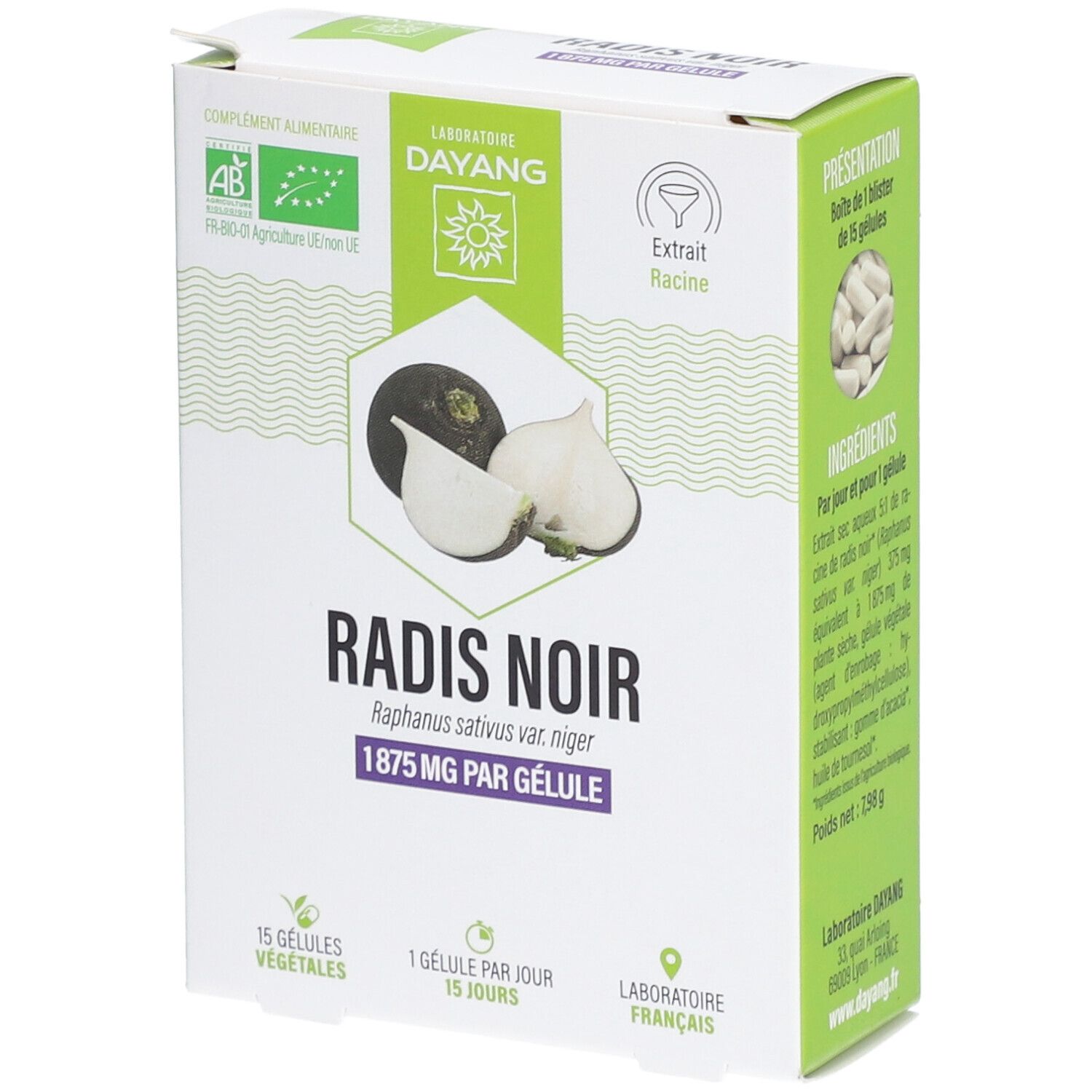 Schachtel mit DAYANG Radis Noir BIO. Abbildung von Radieschen und Kapseln. Text: 1875 mg pro Kapsel, 15 Kapseln.