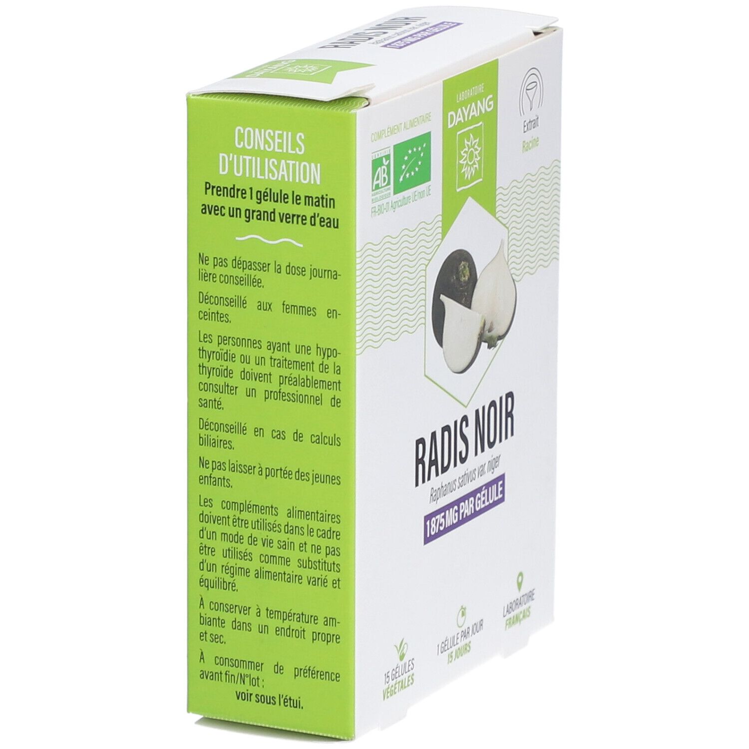 Schachtel DAYANG Radis Noir BIO. Seitenansicht mit Text und Illustration von Radieschen. Text: 1875 mg pro Kapsel, 15 Kapseln.