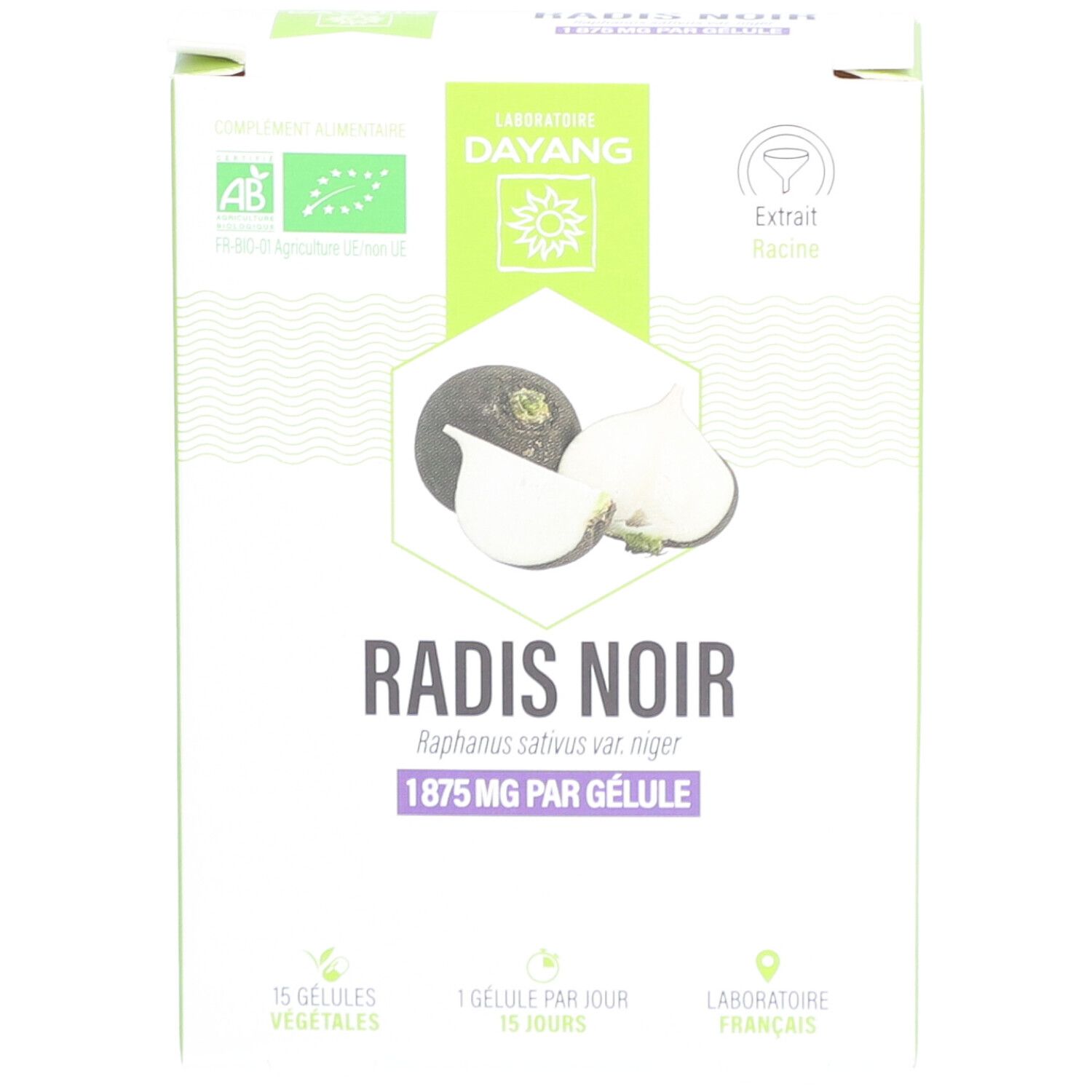 Vorderseite der Schachtel DAYANG Radis Noir BIO. Illustration von Radieschen und Text: 1875 mg pro Kapsel, 15 Kapseln.