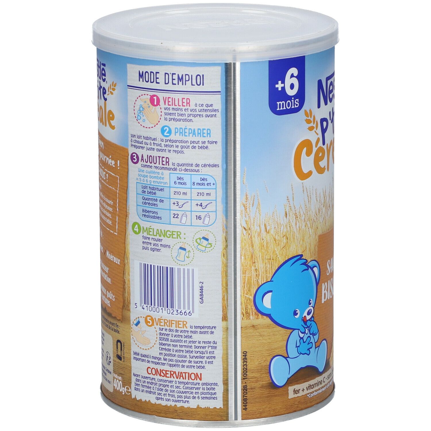 Boîte Nestlé P'tite Céréale. Instructions de préparation. Texte en français. Boîte avec couvercle bleu et motif ours bleu.