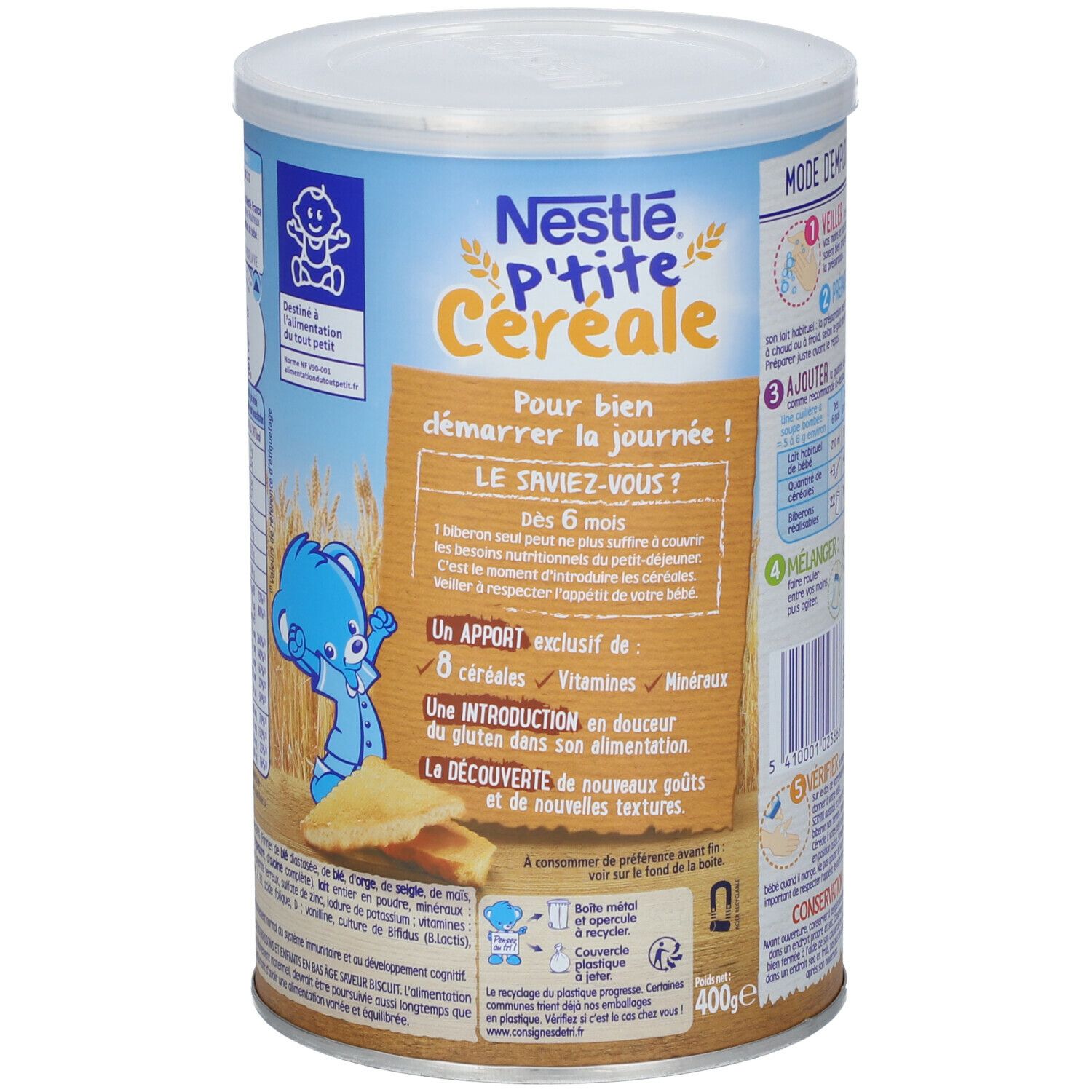 Boîte Nestlé P'tite Céréale. Texte en français. Boîte avec couvercle bleu et motif ours bleu. Contient 8 céréales.