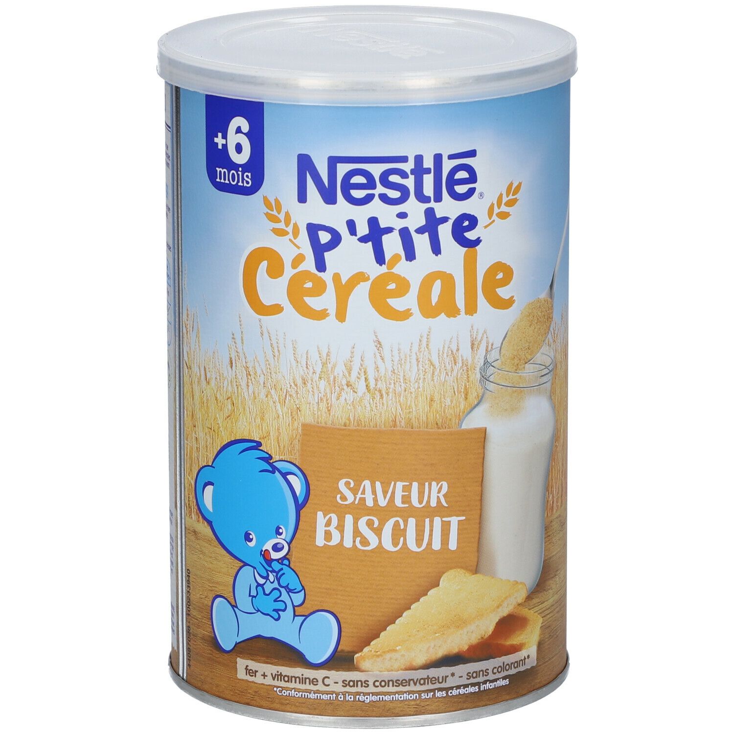 Boîte Nestlé P'tite Céréale. Saveur Biscuit. Boîte avec couvercle bleu et motif ours bleu. Biscuit et lait illustrés.