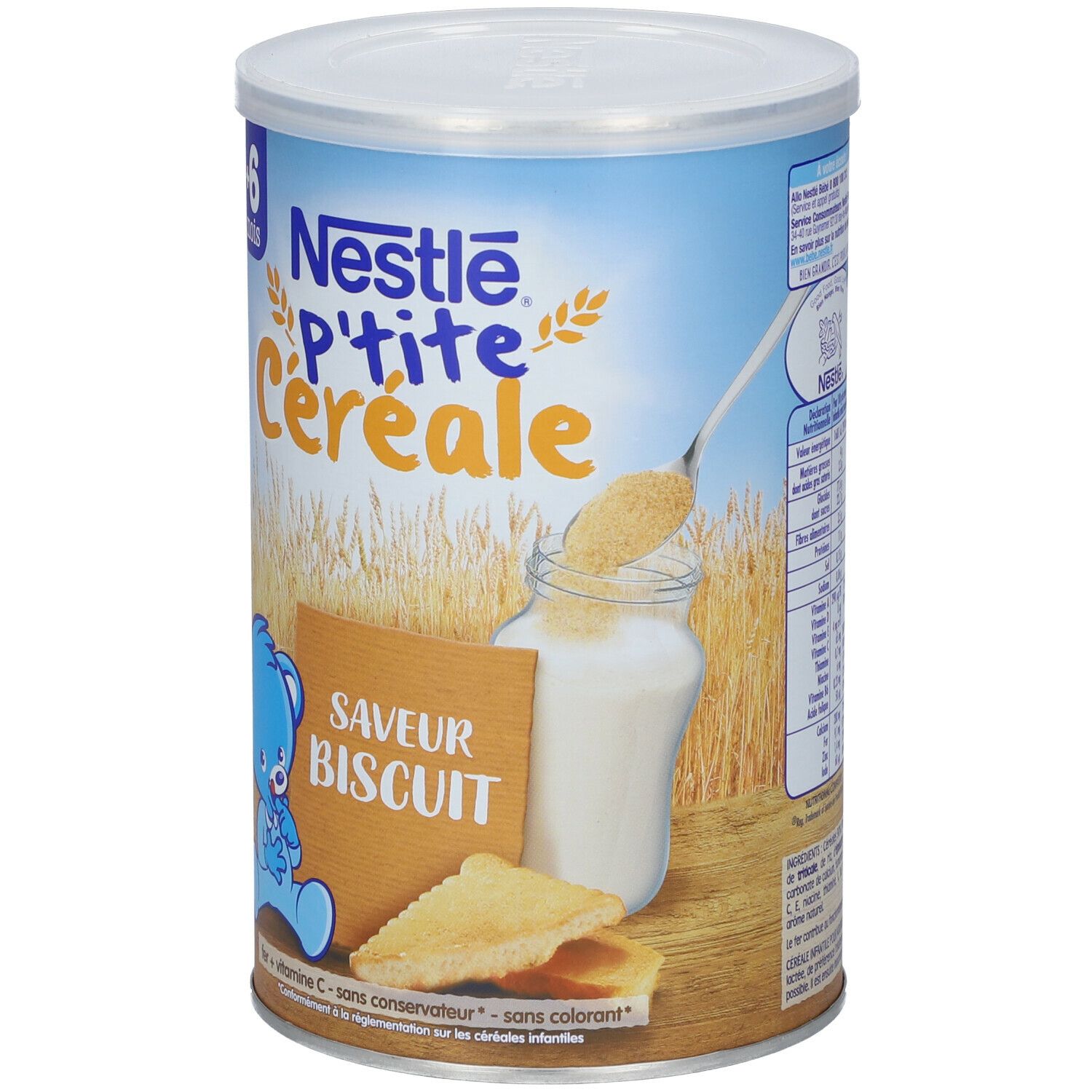 Boîte Nestlé P'tite Céréale. Saveur Biscuit. Boîte avec couvercle bleu et motif ours bleu. Biscuit et lait illustrés.