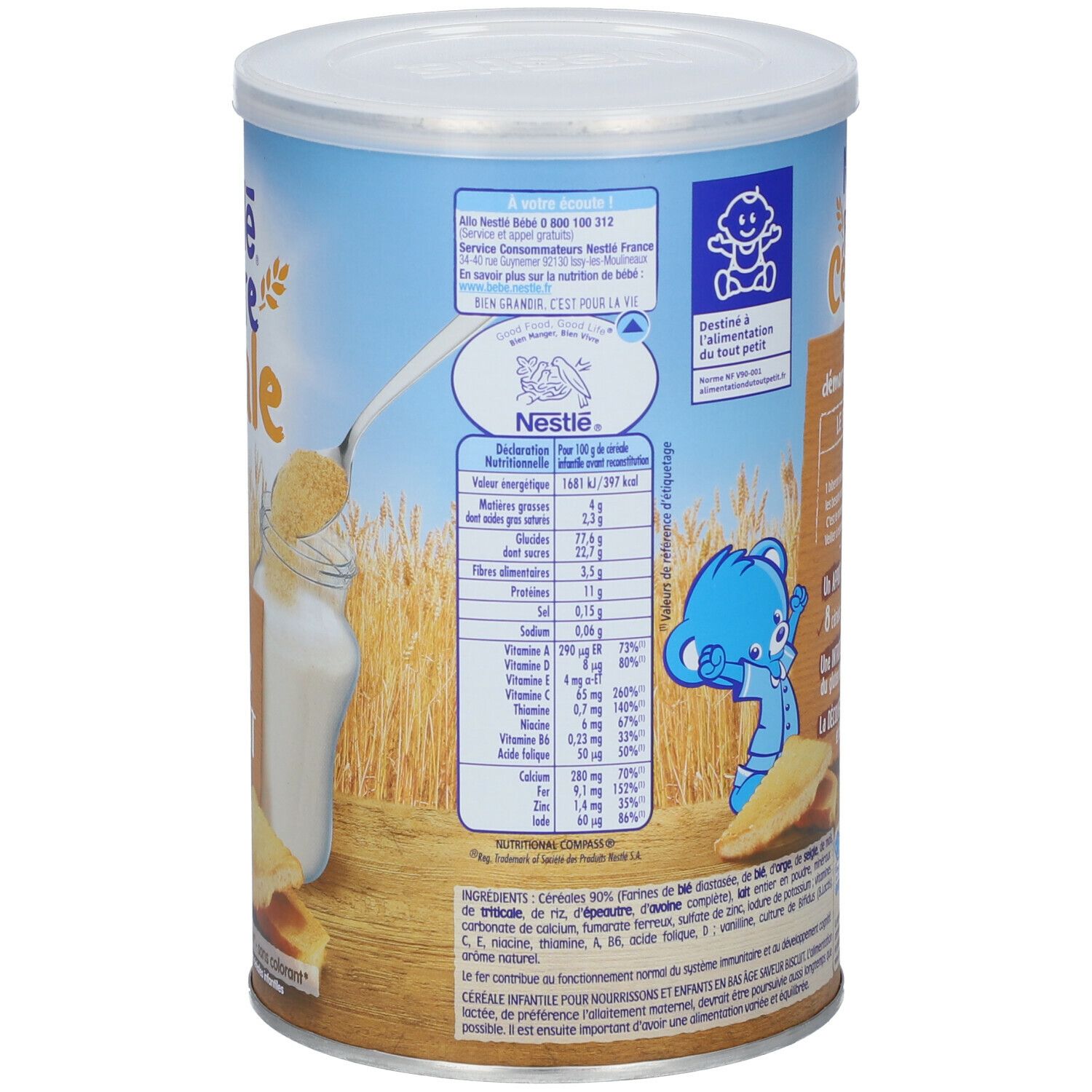 Boîte Nestlé P'tite Céréale. Informations nutritionnelles. Boîte avec couvercle bleu et motif ours bleu. Texte en français.