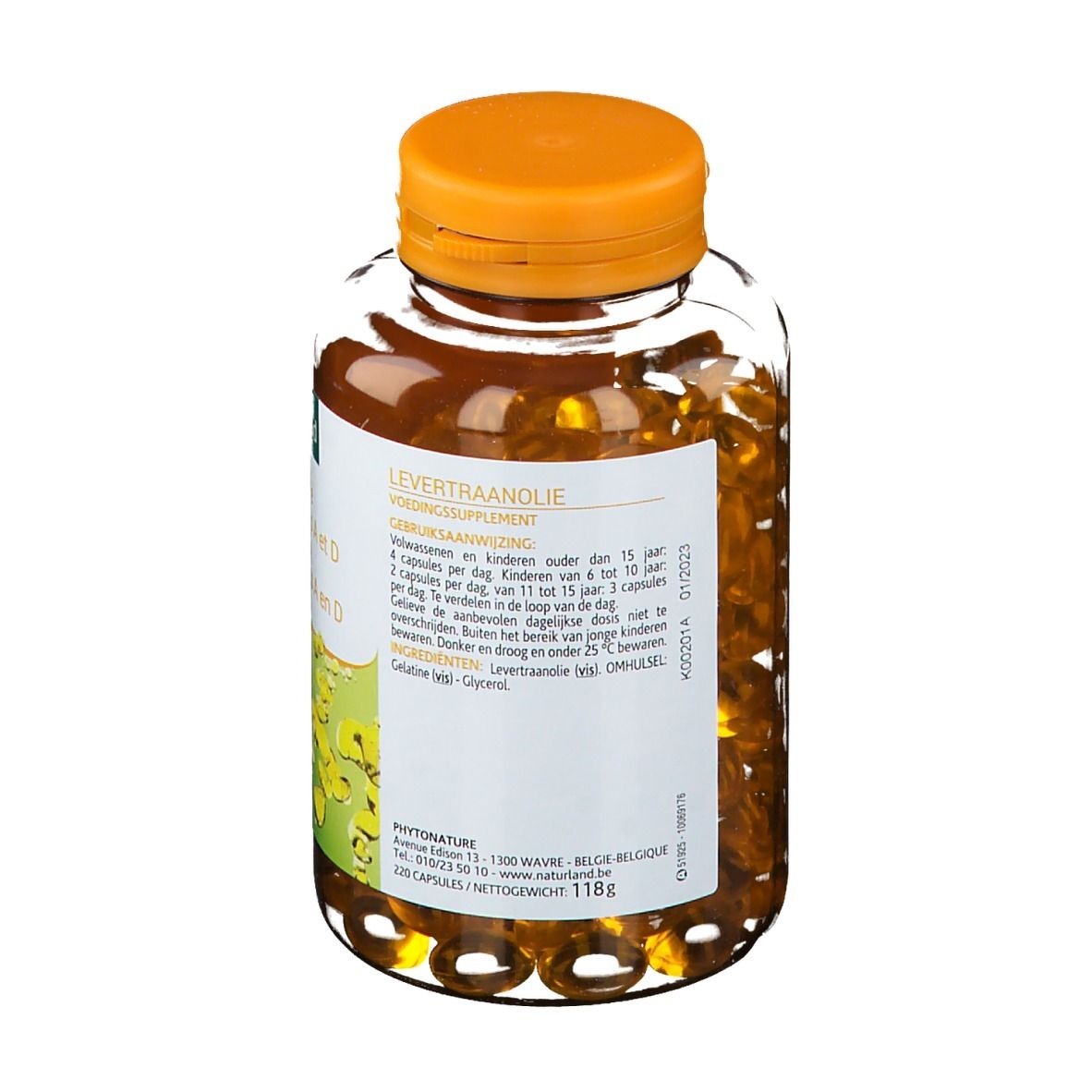 Rückseite der Flasche mit Kapseln. Aufschrift: Lebertranöl, Nahrungsergänzungsmittel. Informationen zur Dosierung und Inhaltsstoffe.