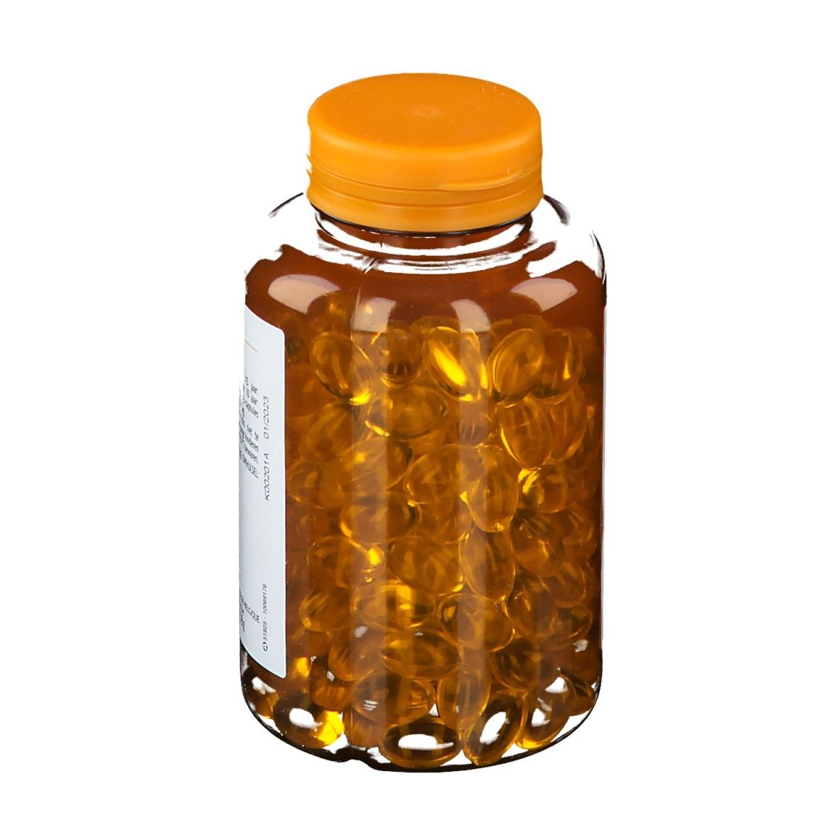 Transparente Flasche mit gelben Kapseln und orangefarbenem Deckel. Der Inhalt ist deutlich sichtbar.