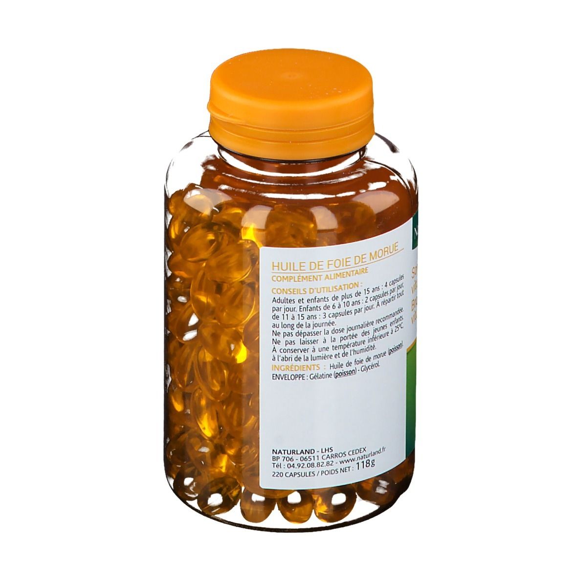Rückseite der Flasche mit Kapseln. Aufschrift: Huile de foie de morue, Nahrungsergänzungsmittel. Dosierungshinweise.