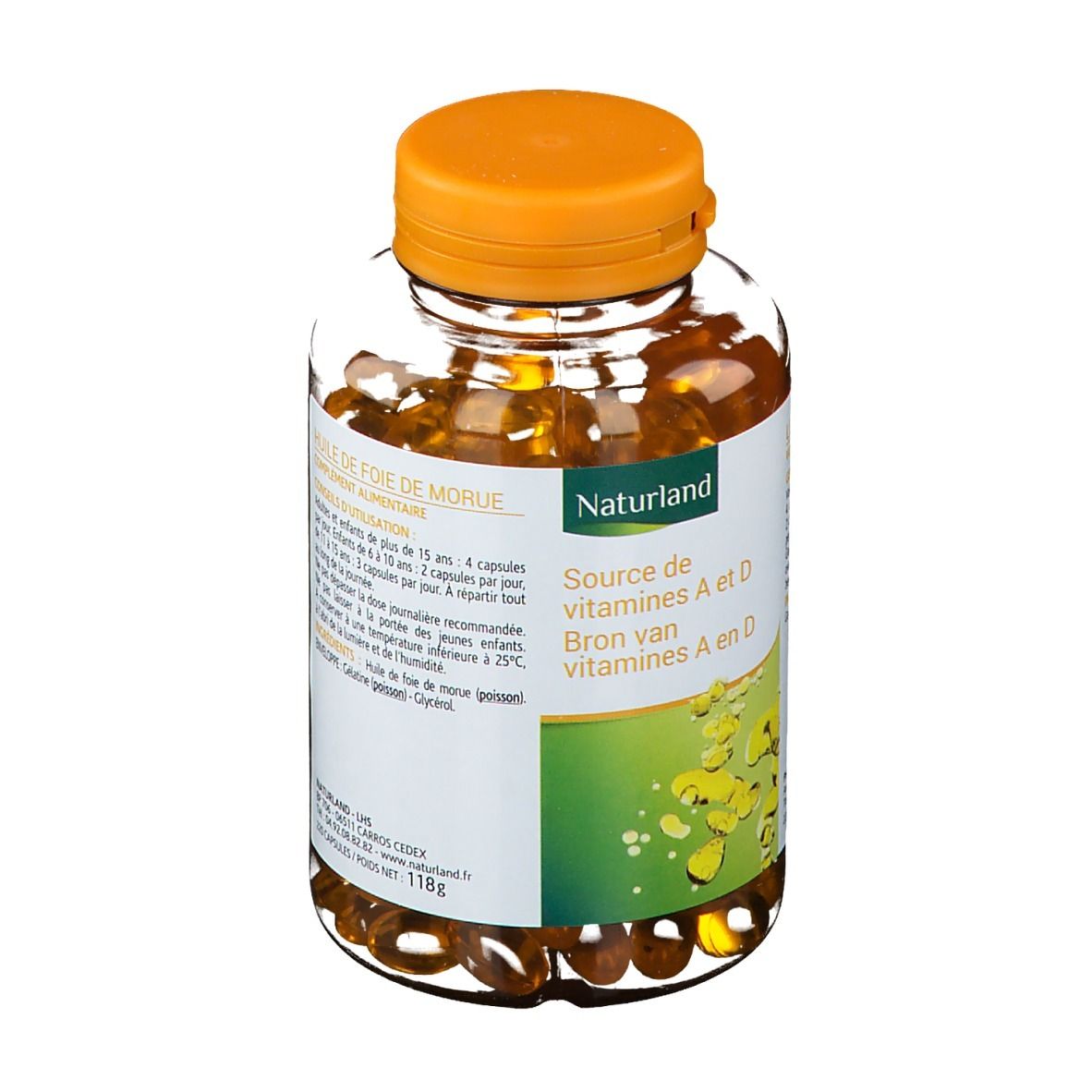 Flasche mit Kapseln und orangefarbenem Deckel. Aufschrift: Naturland, Source de vitamines A et D. Gelbe Kapseln sichtbar.
