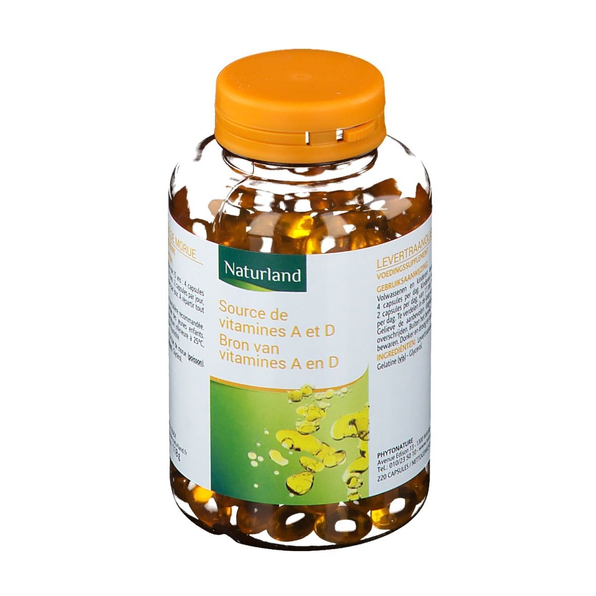 Flasche mit Kapseln und orangefarbenem Deckel. Aufschrift: Naturland, Source de vitamines A et D. Gelbe Kapseln sichtbar.
