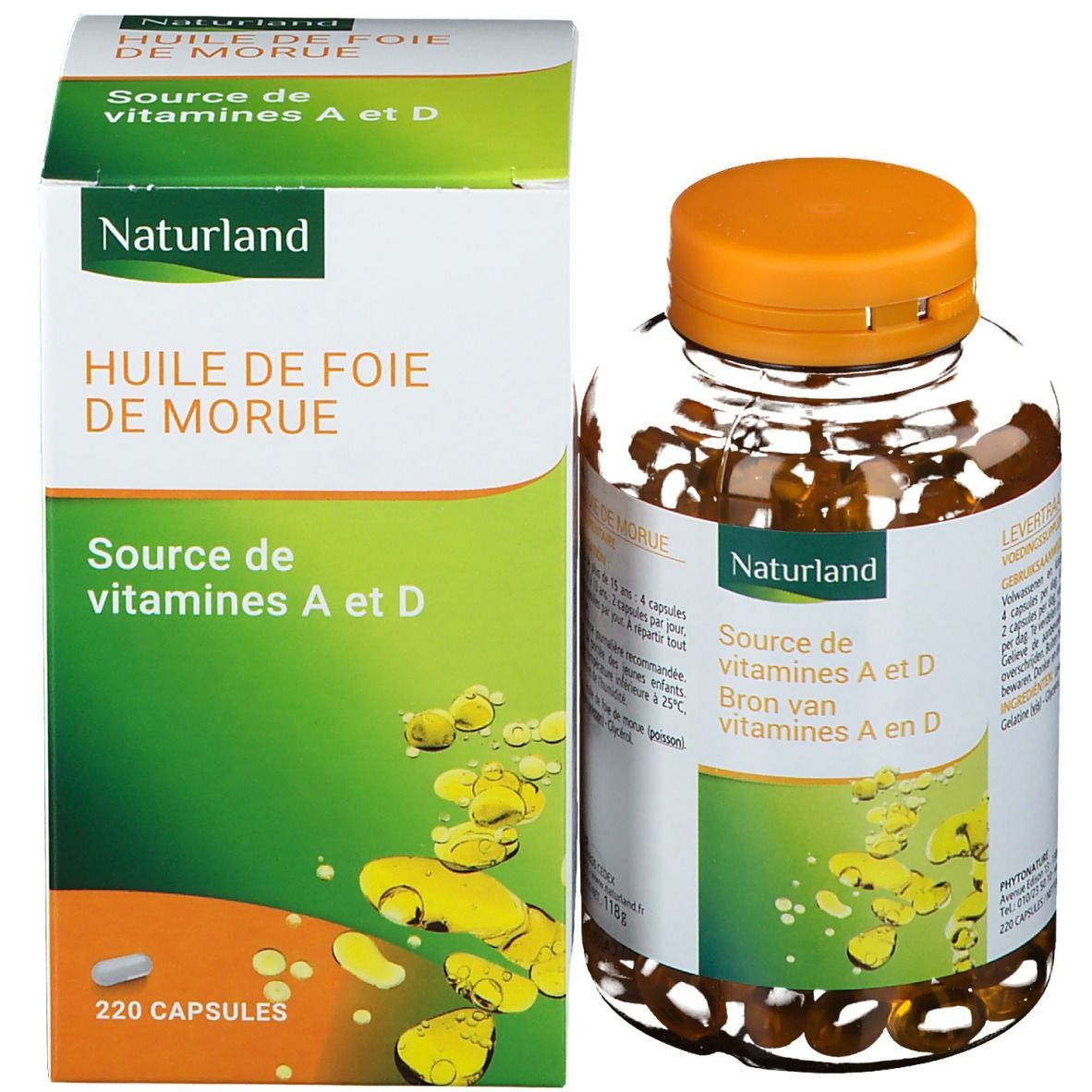 Flasche und Schachtel mit Kapseln. Aufschrift: Naturland, Huile de foie de morue, Source de vitamines A et D. 220 Kapseln.