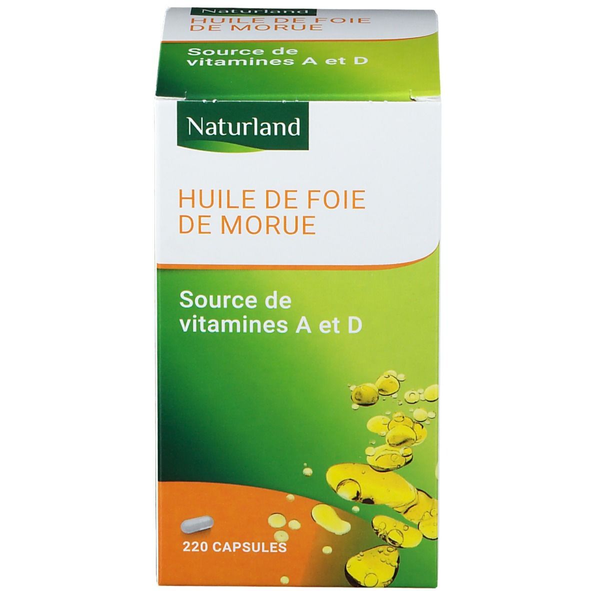 Schachtel mit Aufschrift: Naturland, Huile de foie de morue, Source de vitamines A et D. 220 Kapseln.