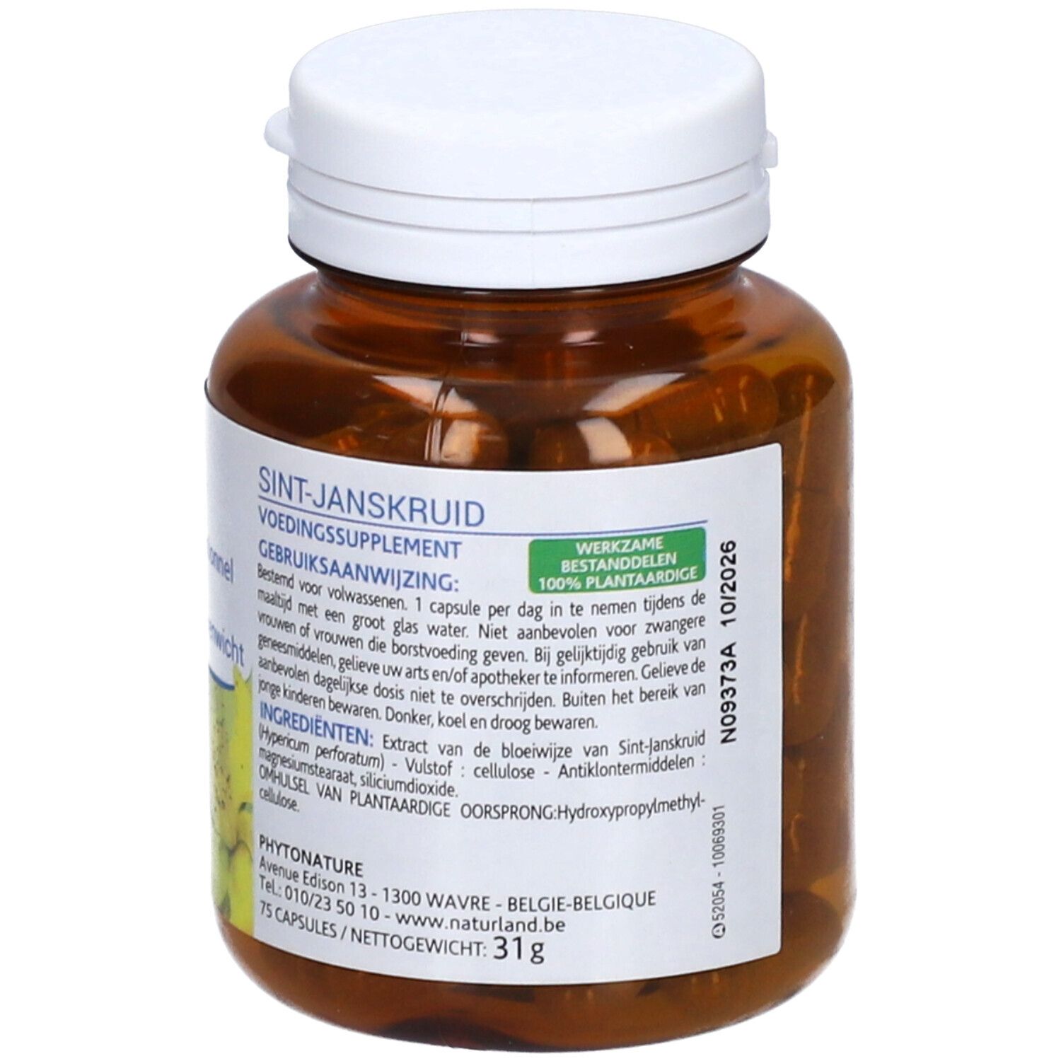 Flacon brun avec bouchon blanc. Étiquette avec informations produit. Contient 75 gélules. Durabilité 10/2026.