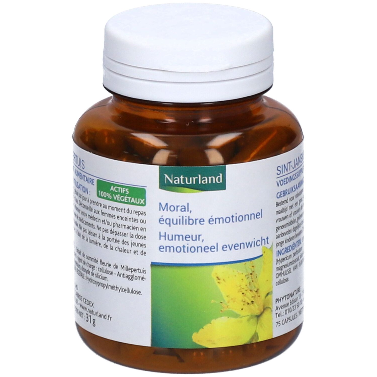 Flacon brun avec bouchon blanc. Étiquette avec informations produit et logo Naturland. 75 gélules. 100% végétal.