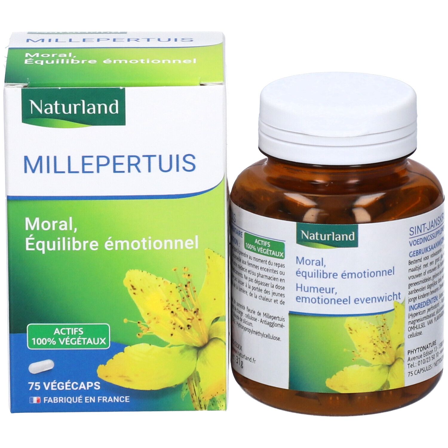 Emballage du produit avec flacon et boîte. Boîte avec logo Naturland et nom du produit. 75 gélules.