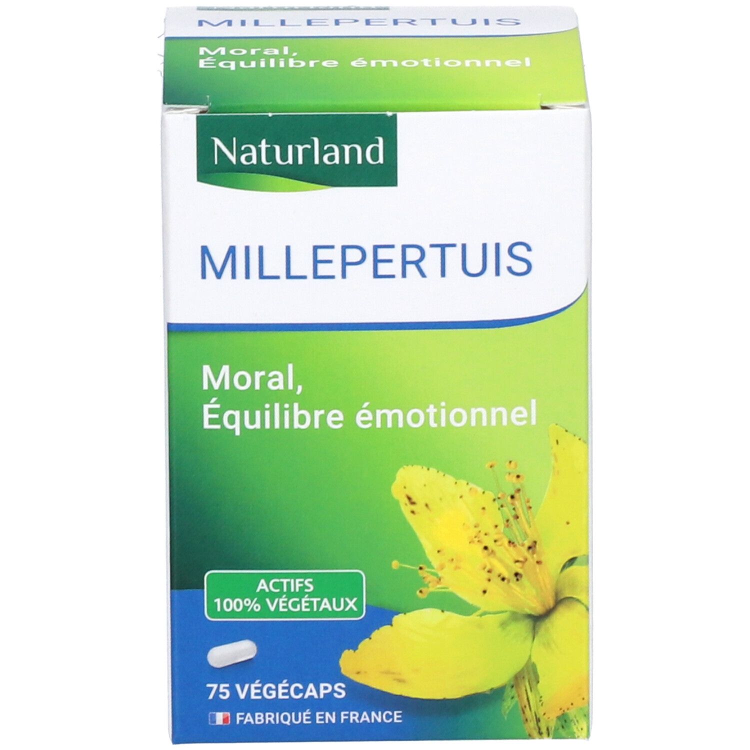Emballage du produit. Boîte avec logo Naturland et nom du produit. Contient 75 gélules. 100% végétal.