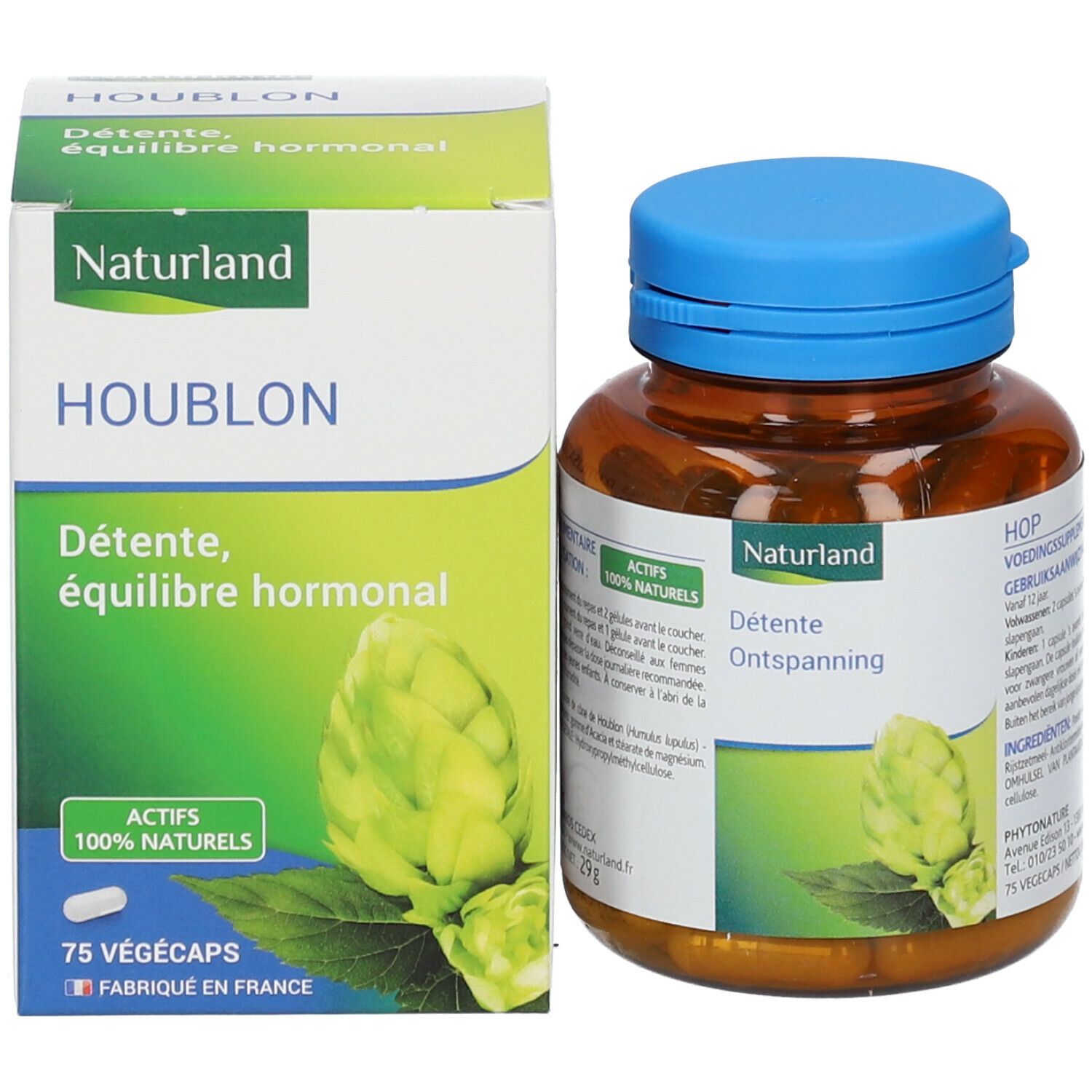 Naturland Houblon Packung und Flasche. Aufschrift Houblon, Détente, équilibre hormonal. 75 Végécaps.