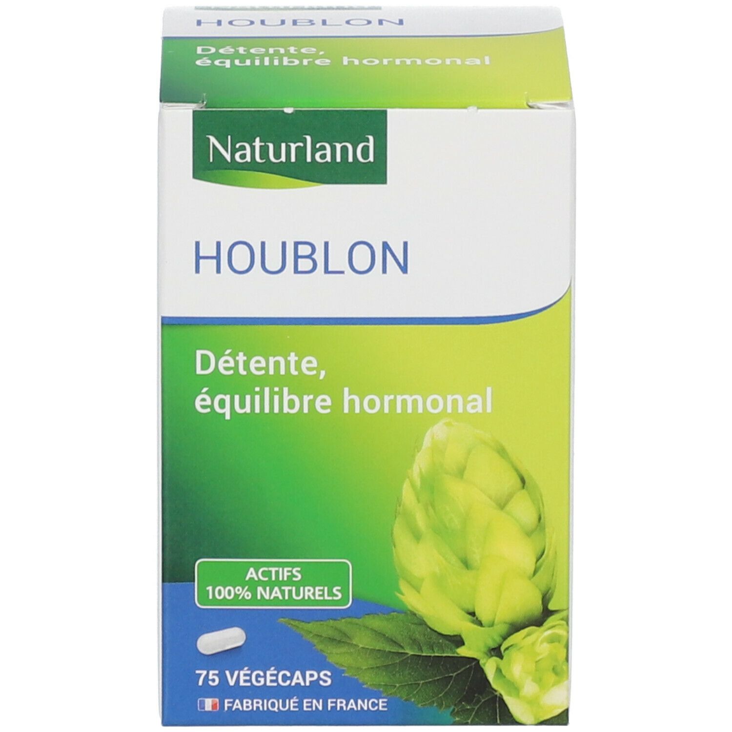 Naturland Houblon Packung. Aufschrift Houblon, Détente, équilibre hormonal. 75 Végécaps. 100% naturels.