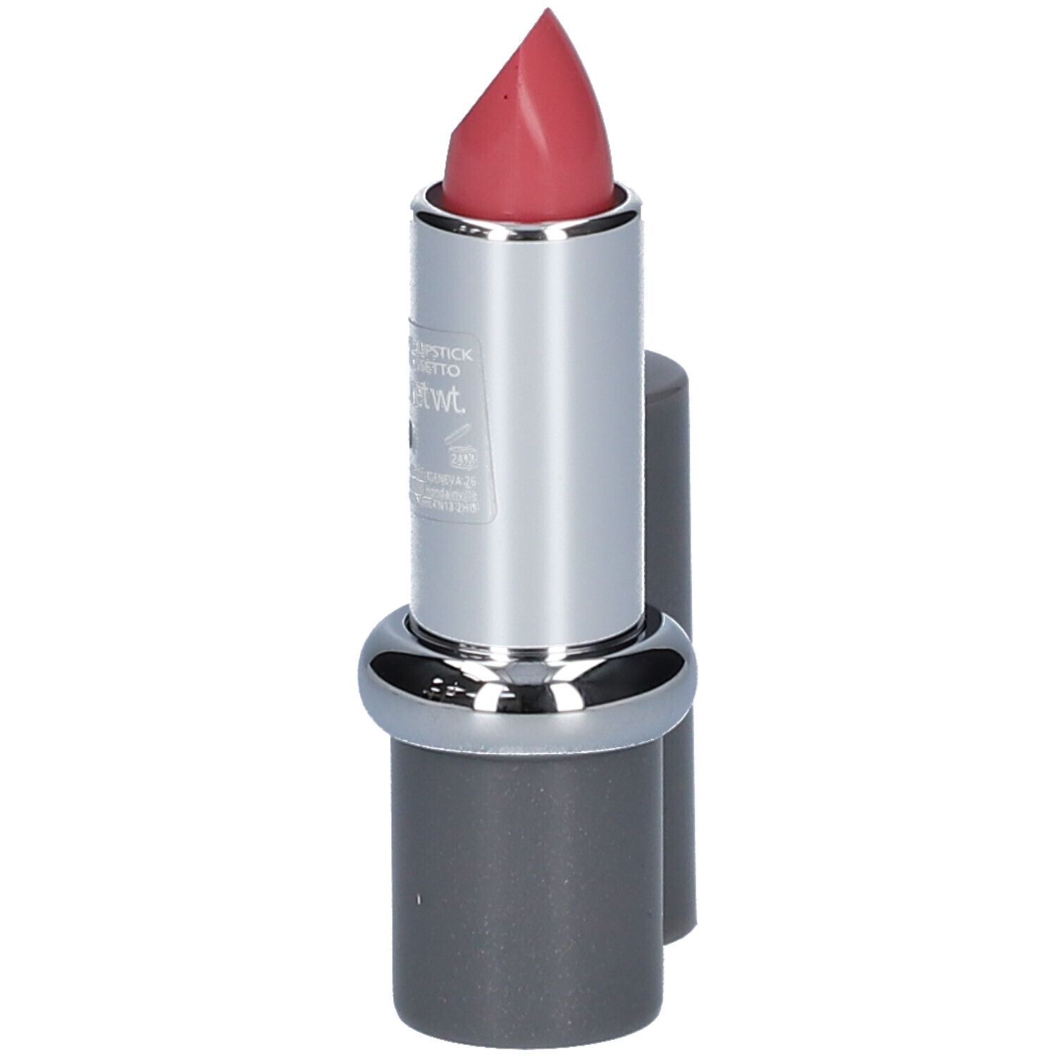 Rosafarbener Lippenstift, silberne Hülse, grauer Deckel daneben. Auf Hülse Text.