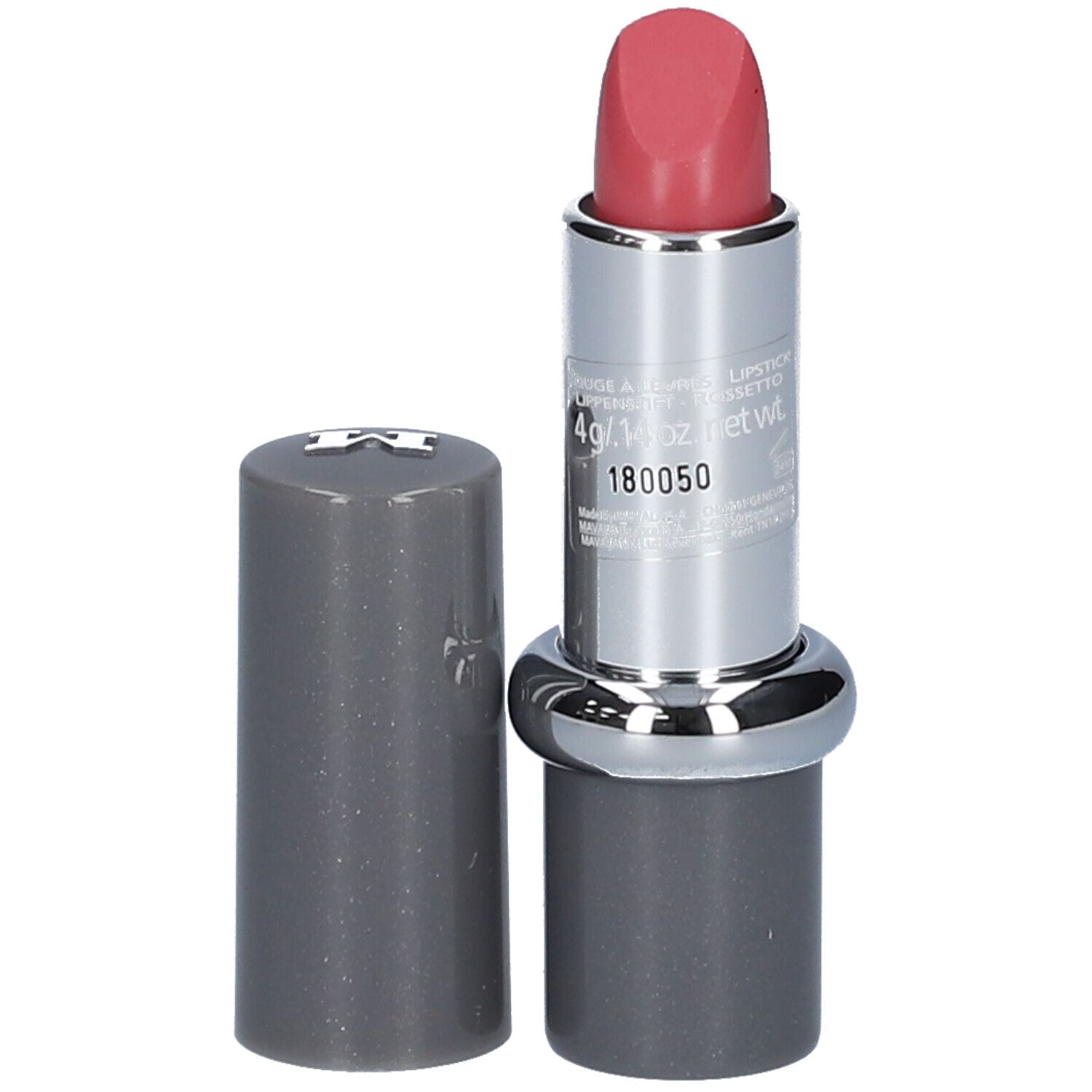 Rosafarbener Lippenstift, silberne Hülse, grauer Deckel daneben. Auf Hülse Text: 4g/0.14oz.