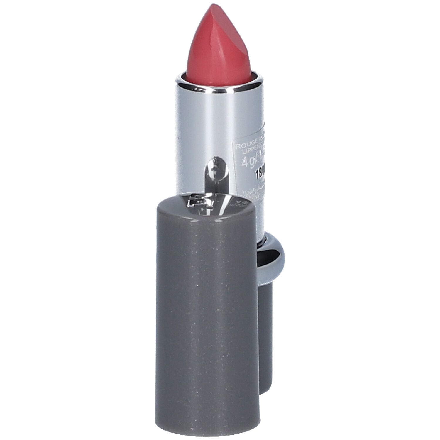 Rosafarbener Lippenstift, silberne Hülse, grauer Deckel daneben. Auf Hülse Text.