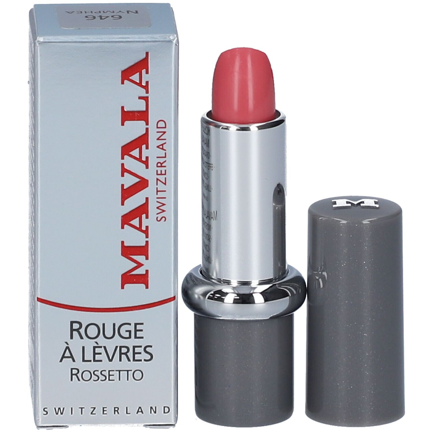 Lippenstift und Verpackung. Verpackung mit 'MAVALA' und Produktnamen. Lippenstift daneben.