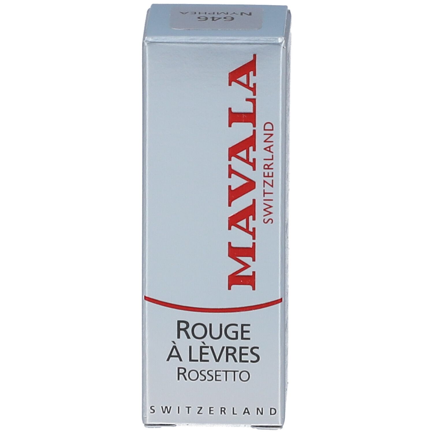 Verpackung, rechteckig, mit 'MAVALA' und Produktnamen. Silberne und rote Schrift.