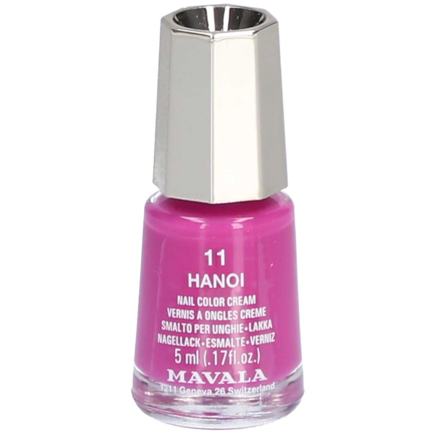 Flacon de vernis à ongles rose, bouchon argenté. Inscription : 11 Hanoi, Nail Color Creme, 5 ml.
