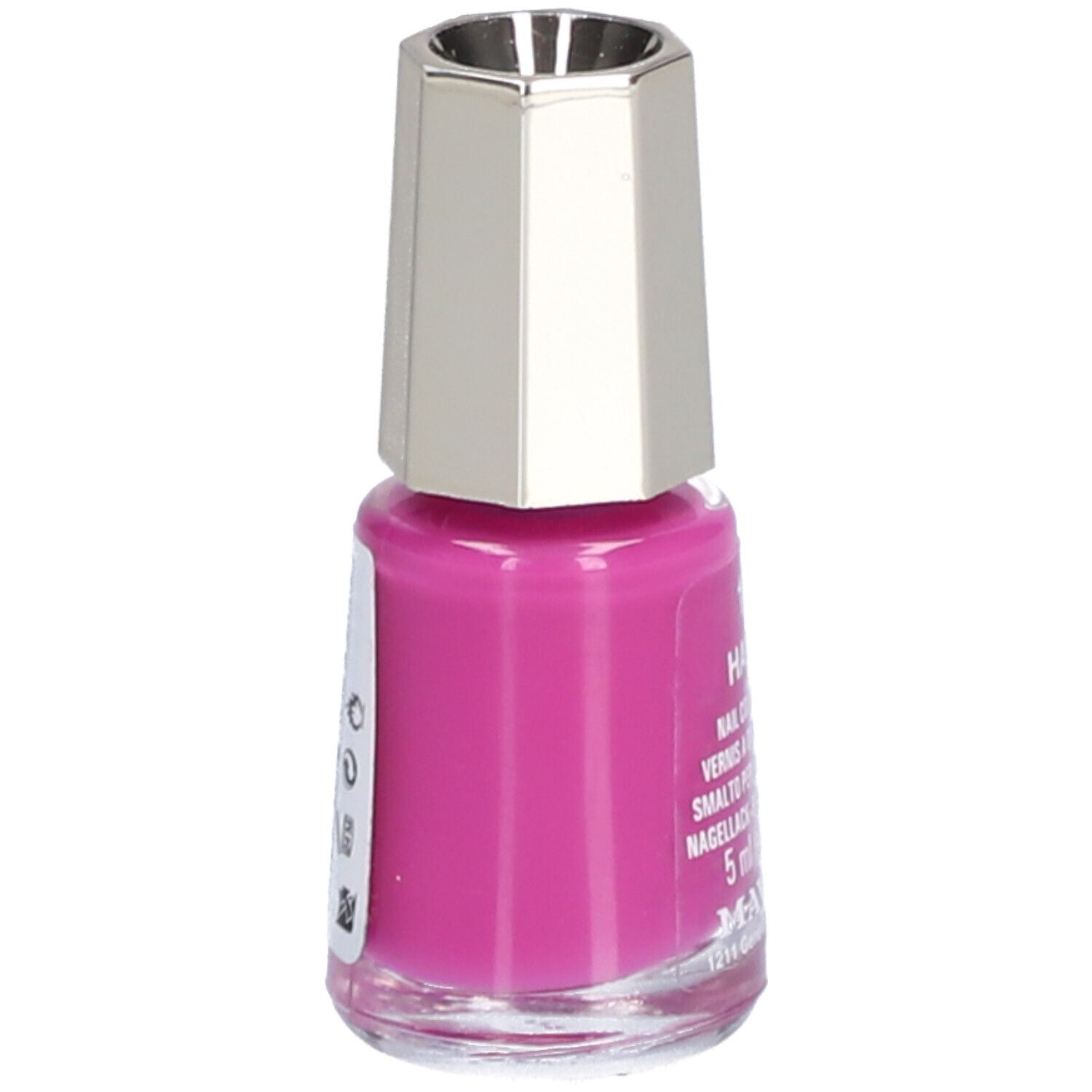 Flacon de vernis à ongles rose, bouchon argenté. Inscription : Hanoi, Nail Color Creme, 5 ml.