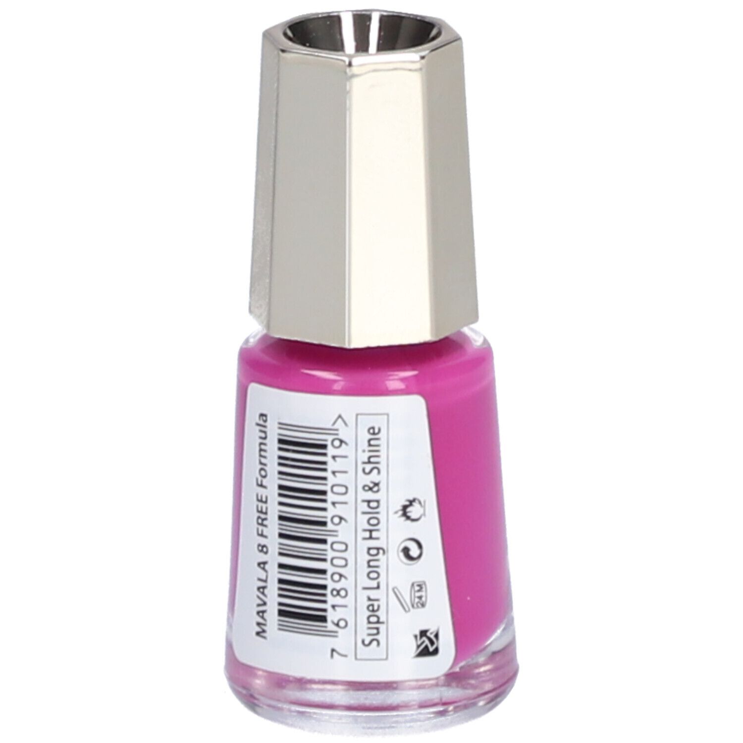 Flacon de vernis à ongles rose, bouchon argenté. Inscription : Super Long Hold & Shine, code-barres.
