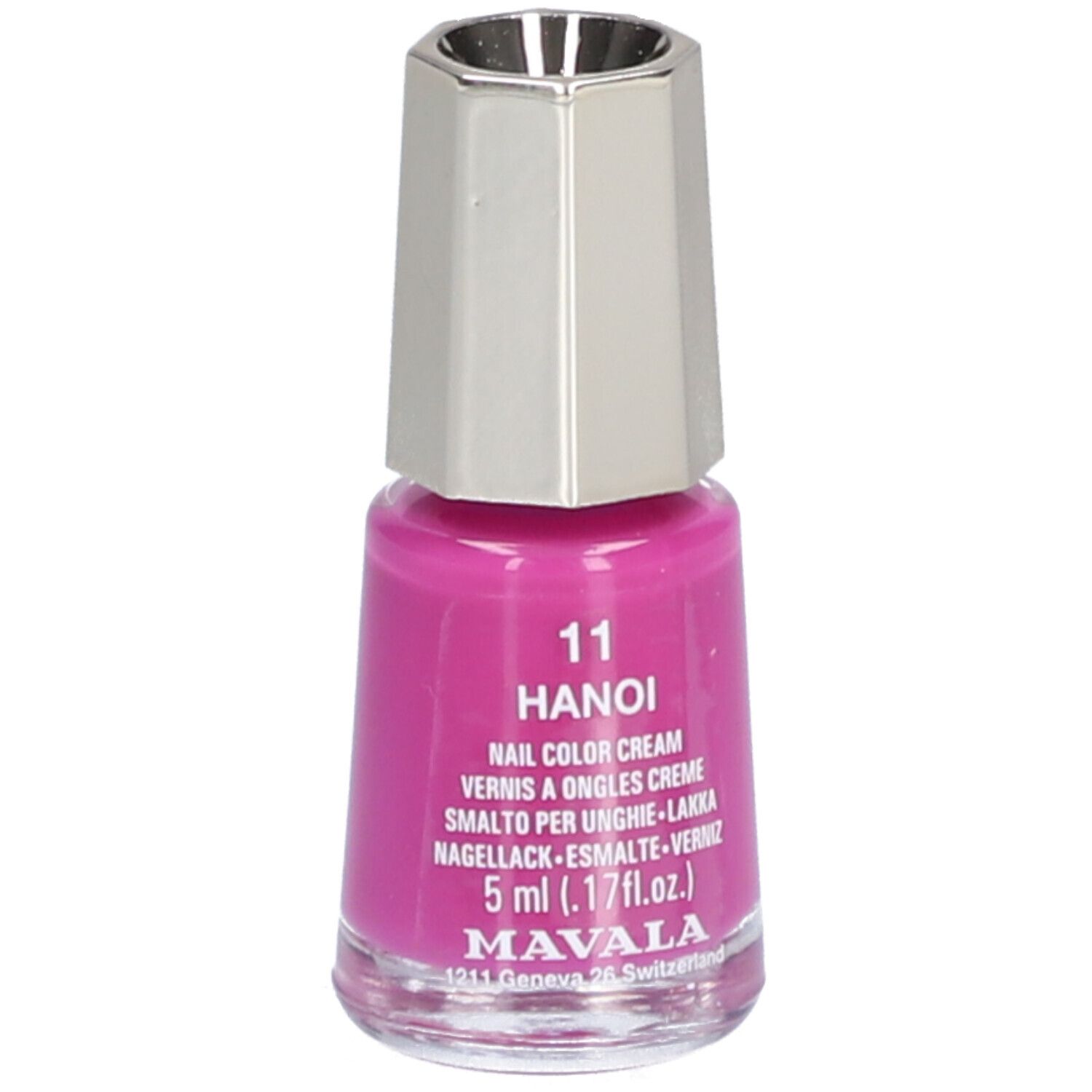 Flacon de vernis à ongles rose, bouchon argenté. Inscription : 11 Hanoi, Nail Color Creme, 5 ml.